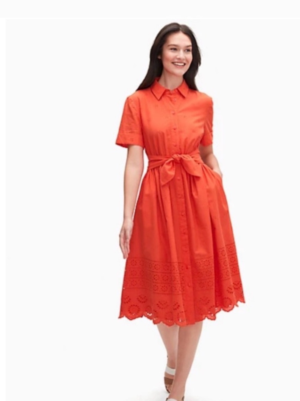 Kate Spade Full Button-Front Cotton Eyelet Shirt-Dress Coral Color Size Medium